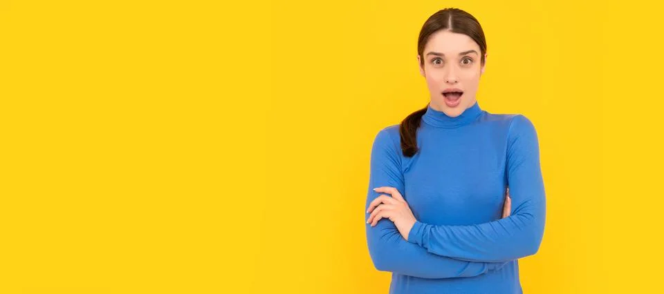 Pretty look of young girl. face portrait of lady on yellow background. express Stock Photos