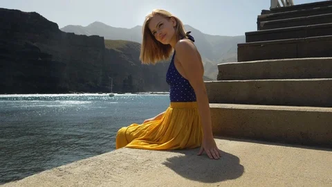 Pretty model posing in the stairs Stock Footage 106050547