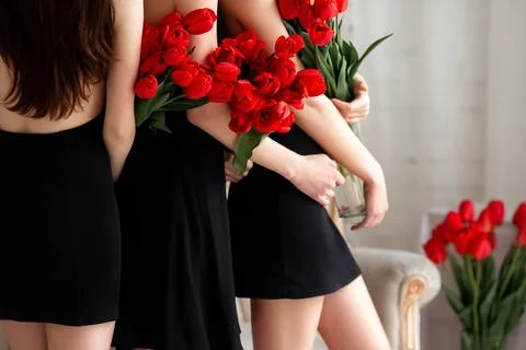 Pretty, nice, charming, successful trio of girls in dresses with make up, having Stock Photos