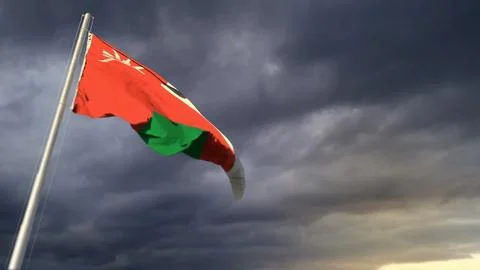 Pretty Oman flag on massive dark clouds backdrop - abstract 3D rendering Stockillustratie