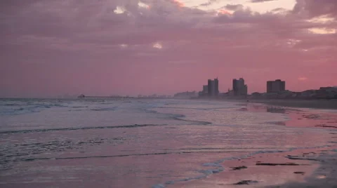Pretty pink sunset at Cherry Grove Beach, SC Video stock 49230554