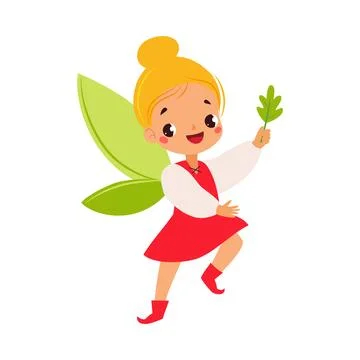 Pretty Pixie with Leaf and Wings as Fairy Tale Character Vector Illustration 스톡 일러스트