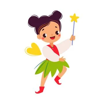 Pretty Pixie with Magic Wand and Wings as Fairy Tale Character Vector 스톡 일러스트