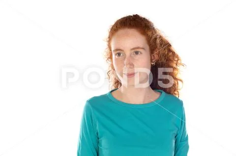 Portrait pleasant tender happy giggling nice girl redhead freckles