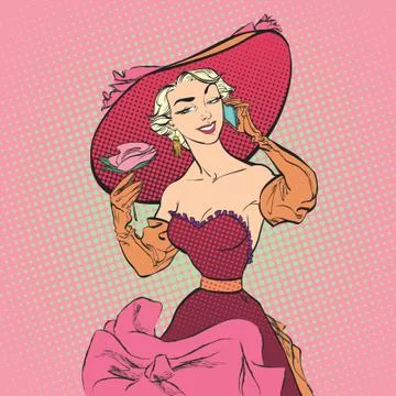 Pretty retro posing model with big hat. Women with roses. Stock Illustration