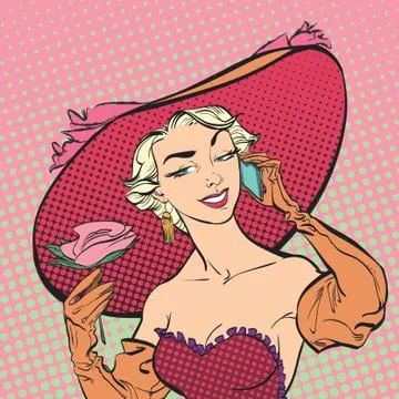 Pretty retro posing model with big hat. Women with roses. Illustrazione stock
