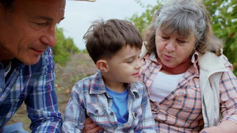 Pretty small boy and his old grandparents discussing while sorting the grapes Stock Footage 153226593