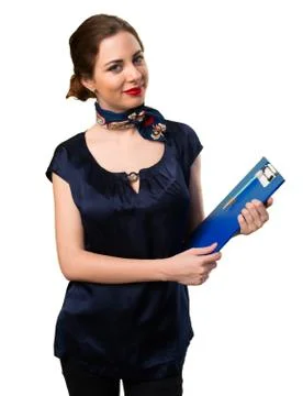 Pretty stewardess with folder Stock Photos