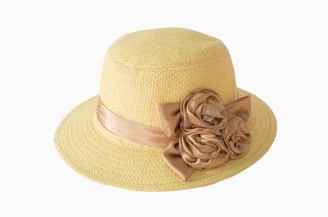 Pretty straw hat with flower on isolate white background Fotos Stock