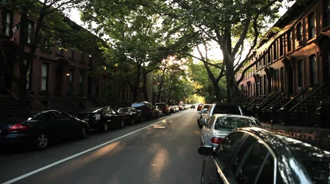 Pretty Street in Park Slope, Brooklyn. Park Slope Brownstones. Stock Footage