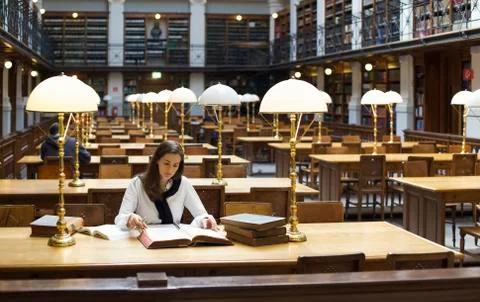 Pretty student studying in library Stock Photos