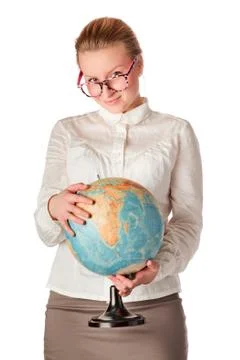 Pretty teacher with globe Stock Photos