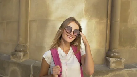 Pretty Tourist Girl Posing Stock Footage