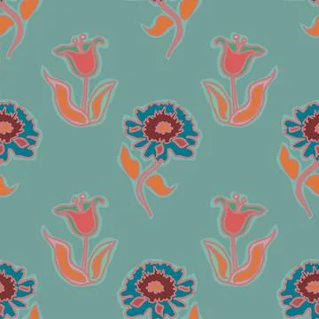 Pretty vector seamless floral pattern in muted tones of green, orange, pink a Stock Illustration