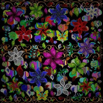 Pretty vintage feedsack pattern in small blue, black and green flowers. Floral s Stock Illustration