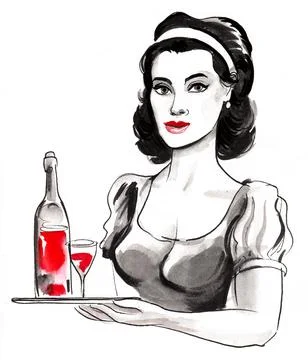 Pretty waitress with a bottle of wine Stock Illustration