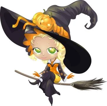 Pretty witch on a broom Stock Illustration