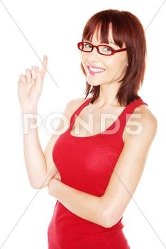 Pretty woman pointing upwards Stock Photos