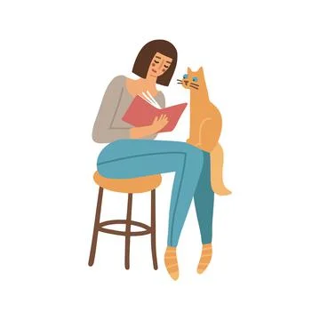 Pretty Woman is reading a book sitting on the stool, and the cat is sitting on Stock Illustration