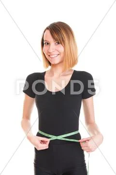Pretty woman shows her weight loss wearing measure tapes isolated Stock Photos