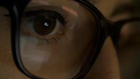 Pretty Woman Using Computer at Night, Eyeglasses Macro Stock Photos