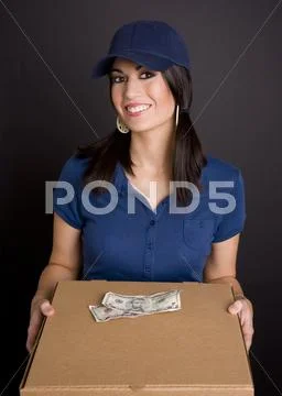 Pretty worker arrives with a package or pizza delivery Stock Photos