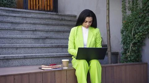 Pretty worker solve business task via online call Stock Photos