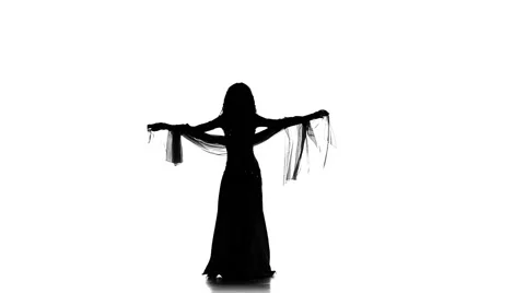 Pretty young girl continue dancing belly dance with shawl, sihouette, white Video stock 61095427