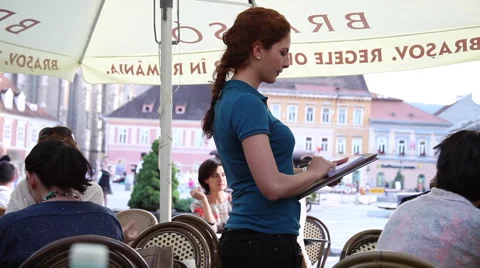 Pretty young waitress taking order, outdoor restaurant, eating out, dining Vídeos de archivo 40538971