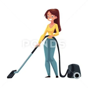 Pretty young woman, housewife cleaning house with vacuum cleaner Stock Illustration