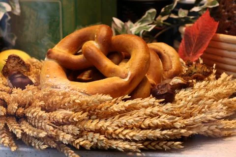 Pretzel behind the window of a bakery Stock Photos