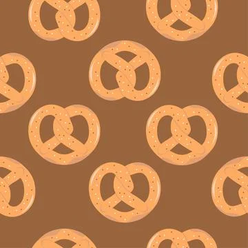 Pretzel, delicious pastries seamless pattern on brown background. Traditional Stock Illustration