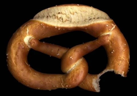 A pretzel with a missing bite, directly below Stock Photos