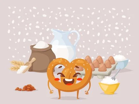 Pretzel recipe cooking class vector illustration. Funny laughing cartoon Stock Illustration