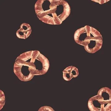 Pretzel seamless pattern. German snack, traditional bread product. Watercolor Stock Illustration