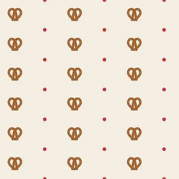 Pretzel seamless pattern with red dots on beige background, baked Bavarian Stock Illustration