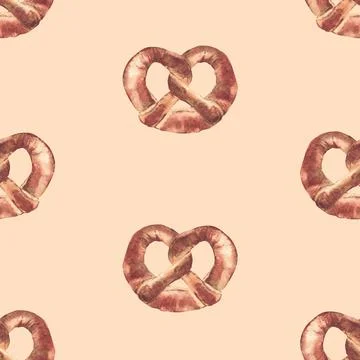 Pretzel watercolor seamless pattern. German delicious bakery food realistic Stock Illustration