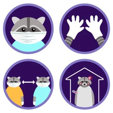 Prevent Coronavirus spread - quarantine tips illustrated by cartoon raccoon Ilustración de archivo