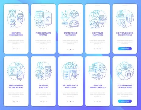 Prevent mobile phone hacking blue gradient onboarding mobile app screen set Illustrazione stock