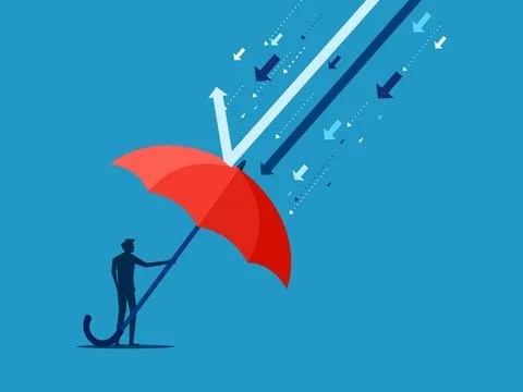 Prevent or control crises. man protects himself with big umbrella from arrows Illustrazione stock