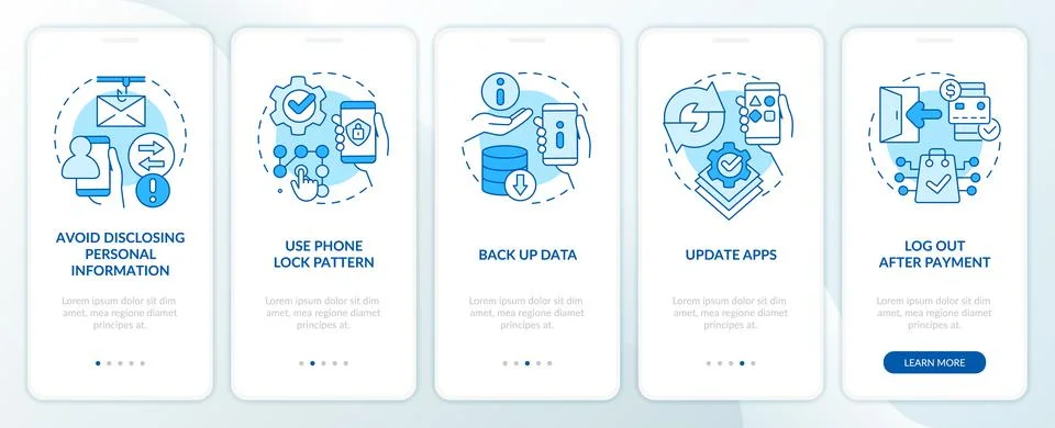 Prevent smartphone hacking attacks blue onboarding mobile app screen Stock Illustration