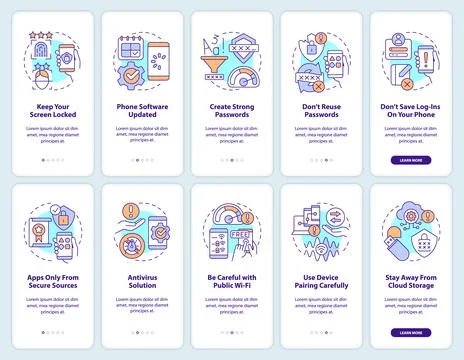 Prevent smartphone hacking tips onboarding mobile app screen set Illustrazione stock
