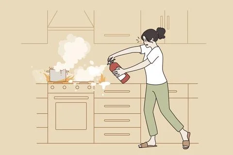 Preventing kitchen fire and flame concept. Young frustrated woman standing with Stock Illustration