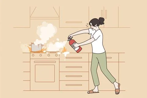 Preventing kitchen fire and flame concept. Vector illustration. Preventing... Stock Photos