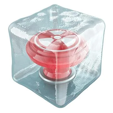Preventing World War 3, concept. Nuclear button frozen in ice cube, 3D rend.. 스톡 일러스트