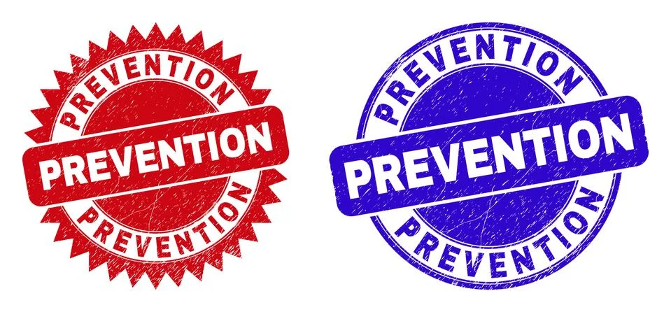 PREVENTION Rounded and Rosette Stamp Seals with Unclean Texture Stock Illustration