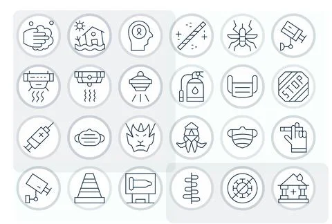 Prevention Scalable Vector Set featuring 24 Detail Enhanced Thin Line 256x2.. Stock Illustration