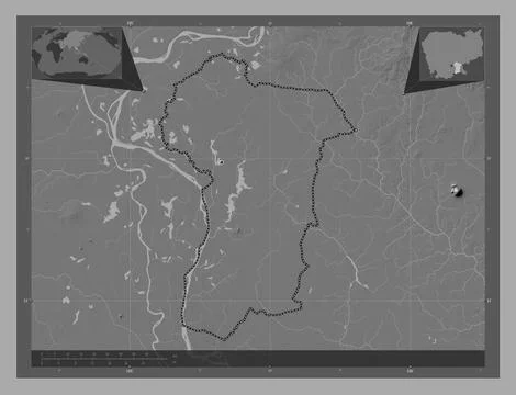 Prey Veng, Cambodia. Bilevel elevation map with lakes and rivers Stock Illustration