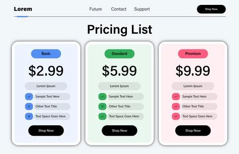 Price comparison table layout template for three products, vector illustratio Stock Illustration