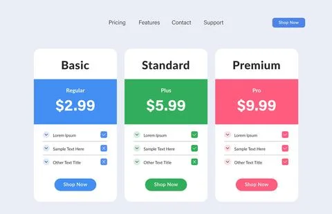 Price comparison table layout template for three products, vector illustratio Stock Illustration